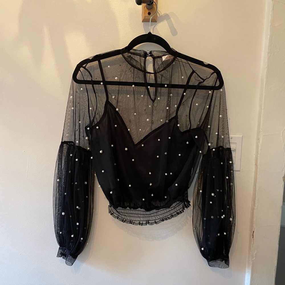 Black sheer pearl embellished top